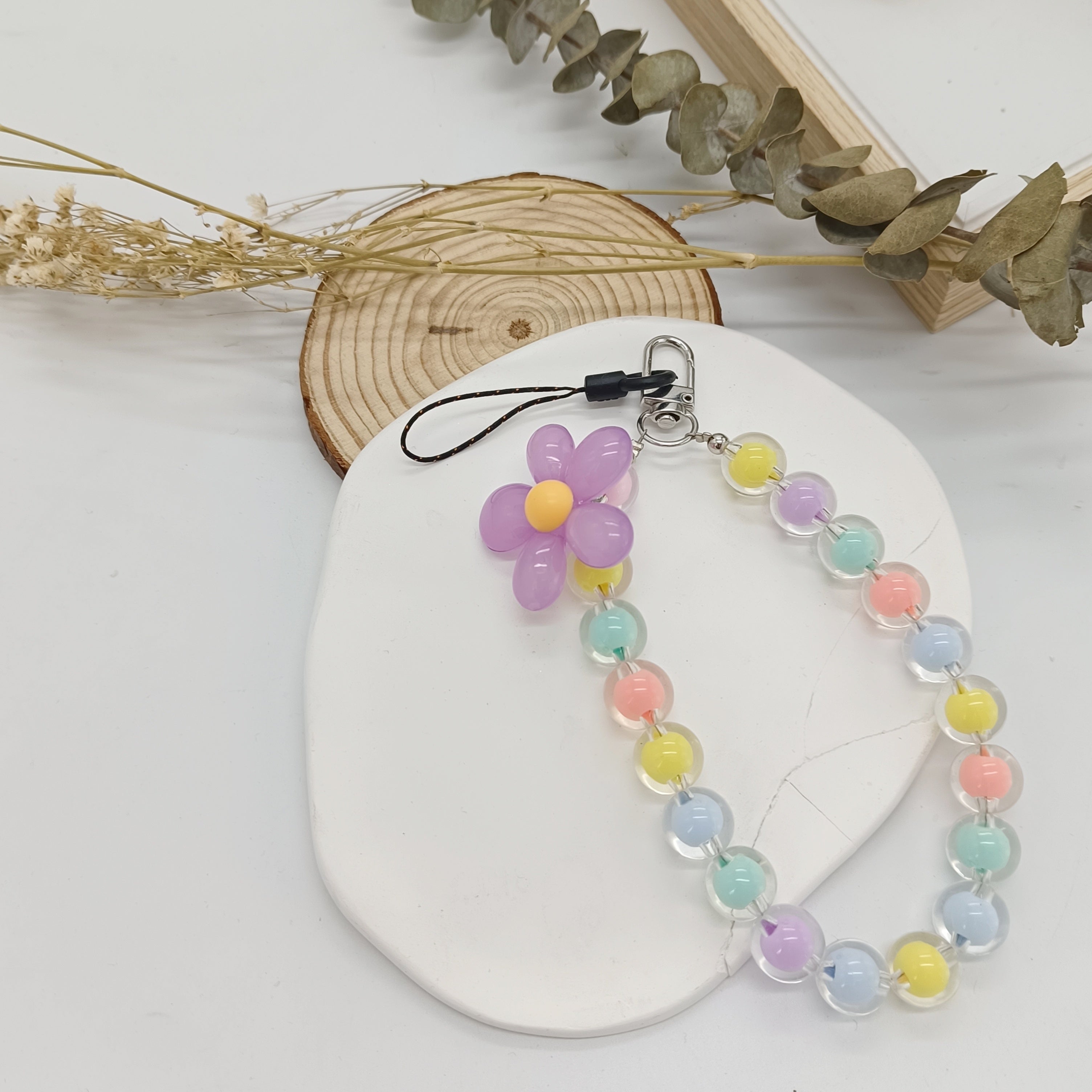 Handmade Flower Macaron Colorful Beaded Wrist Strap Mobile Phone Lanyard